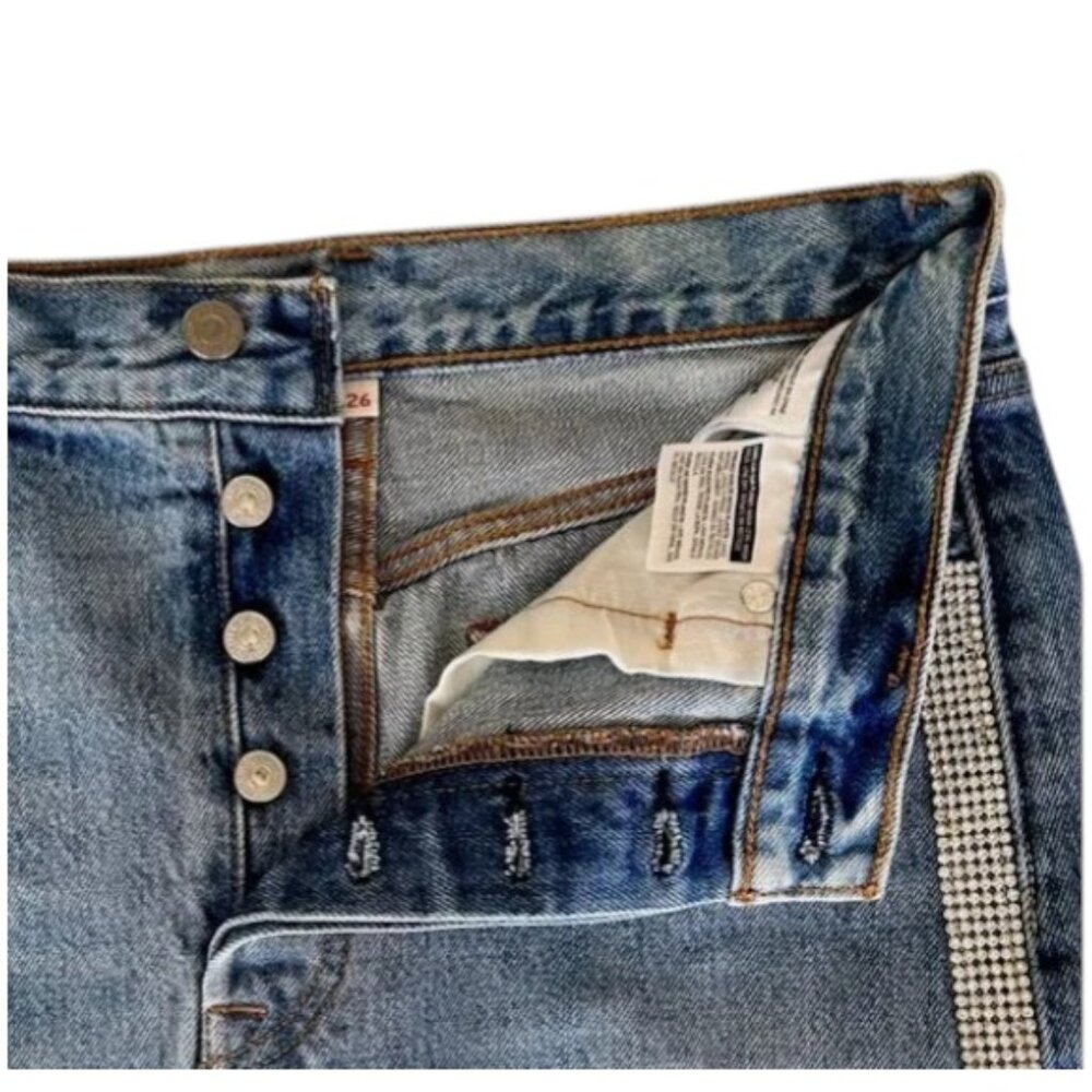 Levi’s Premium Denim Mini Skirt Blue Rhinestone Raw Hem 26 - Picture 7 of 10